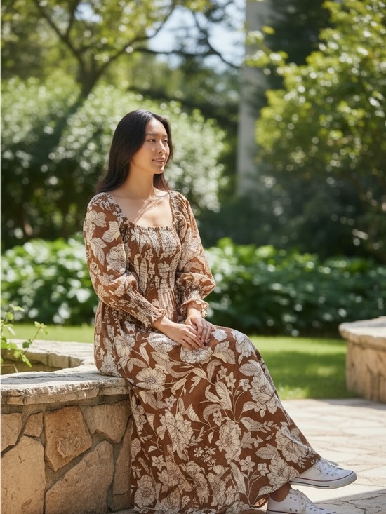 Petal & Pup Dresses & Skirts - Petal & Pup Brown Floral Smocked Maxi Dress